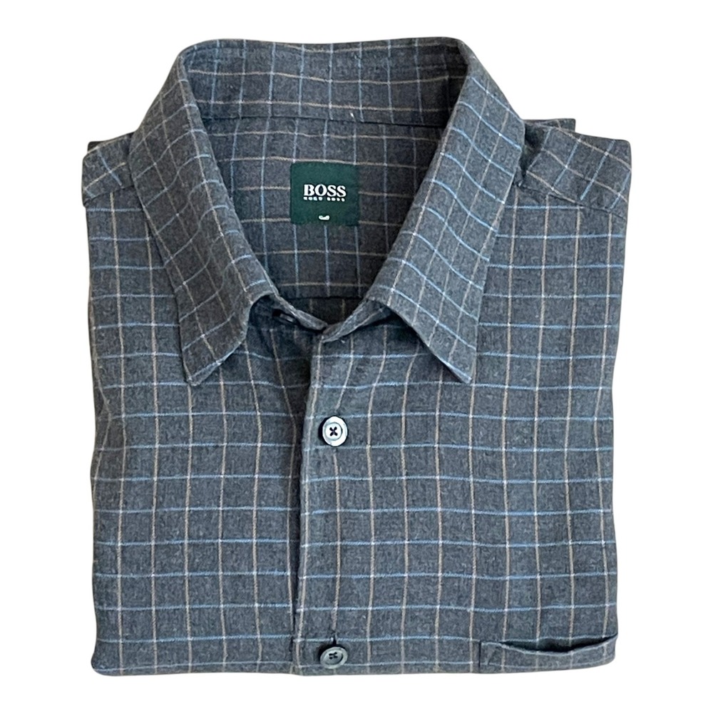Hugo Boss Men's LARGE Gray Plaid Button Down L/S Shirt Very Clean Shirt